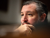 Sen. Ted Cruz (R-TX) listens as social media CEOs answer questions during a Senate Judiciary Committee hearing on the crisis of online child...