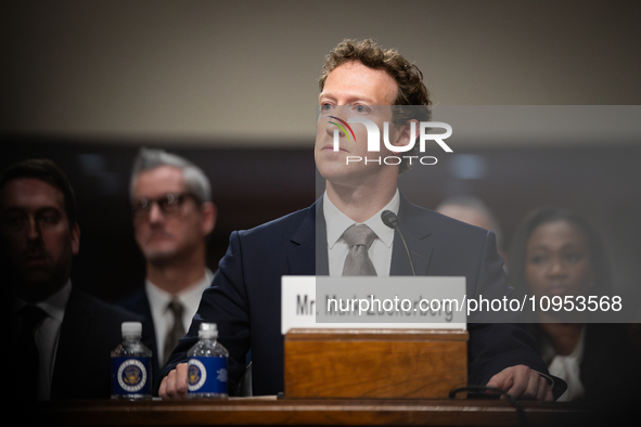 Meta CEO Mark Zuckerberg testifies with other social media CEOs at a Senate Judiciary Committee hearing on online child sexual abuse and exp...