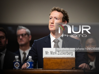 Meta CEO Mark Zuckerberg testifies with other social media CEOs at a Senate Judiciary Committee hearing on online child sexual abuse and exp...