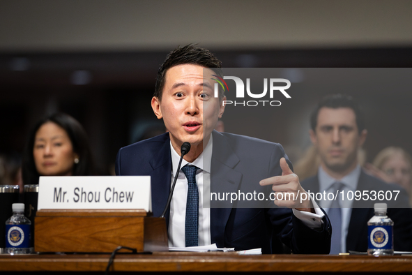 Shou Chew, CEO of TikTok, answers a question from Sen. Ted Cruz during a Senate Judiciary Committee hearing on the crisis of online child se...