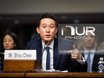 Shou Chew, CEO of TikTok, answers a question from Sen. Ted Cruz during a Senate Judiciary Committee hearing on the crisis of online child se...