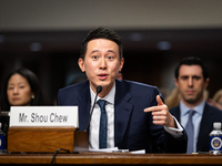 Shou Chew, CEO of TikTok, answers a question from Sen. Ted Cruz during a Senate Judiciary Committee hearing on the crisis of online child se...