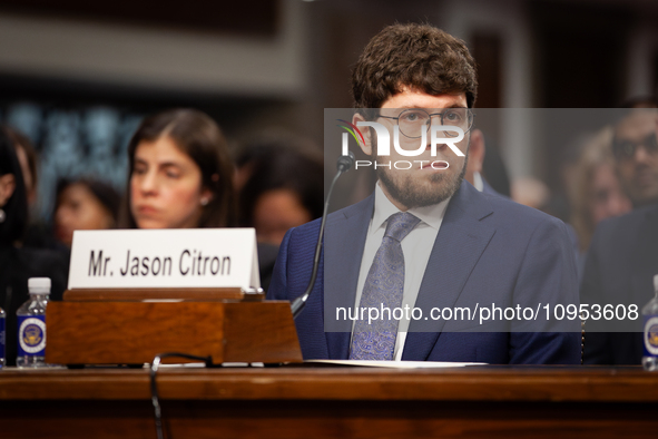 Jason Citron, CEO of Discord, answers questions  during a Senate Judiciary Committee hearing on the crisis of online child sexual abuse and...