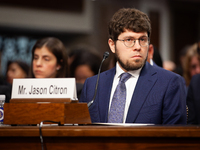 Jason Citron, CEO of Discord, answers questions  during a Senate Judiciary Committee hearing on the crisis of online child sexual abuse and...