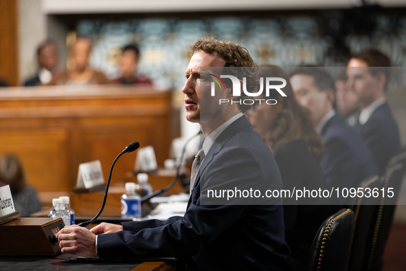 Meta CEO Mark Zuckerberg answers questions from Senators during a Senate Judiciary Committee hearing on the crisis of online child sexual ab...