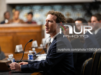 Meta CEO Mark Zuckerberg answers questions from Senators during a Senate Judiciary Committee hearing on the crisis of online child sexual ab...