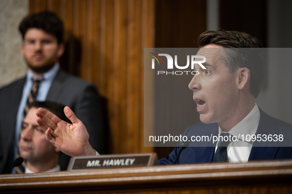 Sen. Josh Hawley (R-MO) questions CEOs of companies during a Senate Judiciary Committee hearing on online child sexual abuse and exploitatio...