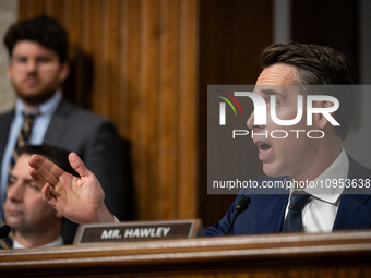 Sen. Josh Hawley (R-MO) questions CEOs of companies during a Senate Judiciary Committee hearing on online child sexual abuse and exploitatio...