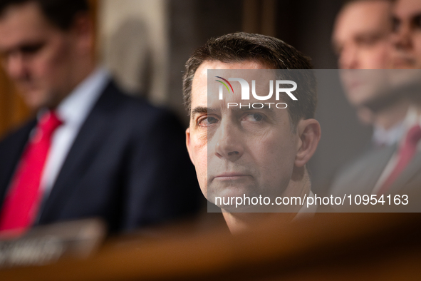 Sen. Tom Cotton (R-AR) awaits his turn to question social media CEOs during a Senate Judiciary Committee hearing on online child sexual abus...