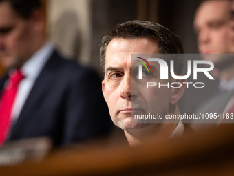 Sen. Tom Cotton (R-AR) awaits his turn to question social media CEOs during a Senate Judiciary Committee hearing on online child sexual abus...