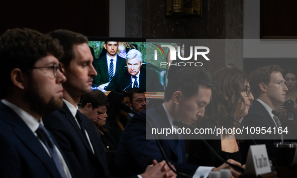 Social media CEOs face questions from Sen. Sheldon Whitehouse (D-RI) Senate Judiciary Committee, as a video is displayed on a monitor during...