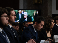 Social media CEOs face questions from Sen. Sheldon Whitehouse (D-RI) Senate Judiciary Committee, as a video is displayed on a monitor during...