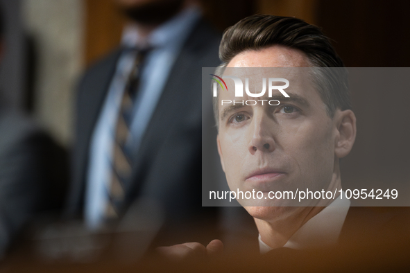 Sen. Josh Hawley (R-MO) awaits his turn to question social media CEOs during a Senate Judiciary Committee hearing on online child sexual abu...