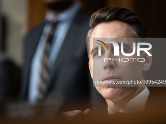 Sen. Josh Hawley (R-MO) awaits his turn to question social media CEOs during a Senate Judiciary Committee hearing on online child sexual abu...