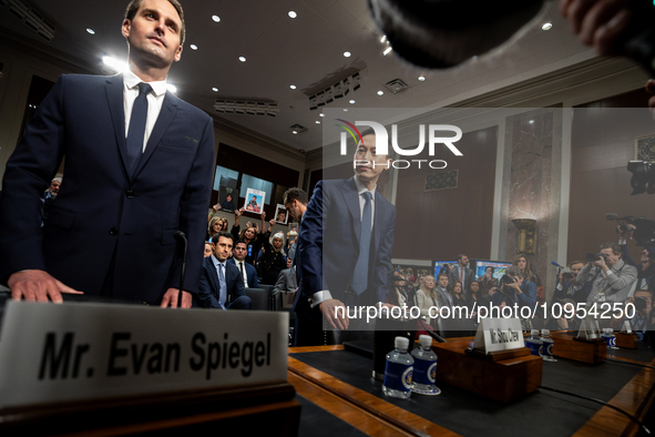 Evan Spiegel and Shou Chew, CEOs of Snap and TikTok, arrive for a Senate Judiciary Committee hearing on online child sexual abuse and exploi...