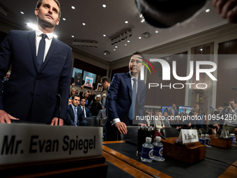 Evan Spiegel and Shou Chew, CEOs of Snap and TikTok, arrive for a Senate Judiciary Committee hearing on online child sexual abuse and exploi...