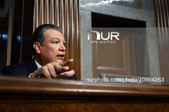 Sen. Alex Padilla (D-CA) questions CEOs of social media companies during a Senate Judiciary Committee hearing on online child sexual abuse a...