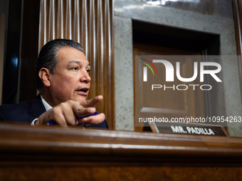 Sen. Alex Padilla (D-CA) questions CEOs of social media companies during a Senate Judiciary Committee hearing on online child sexual abuse a...