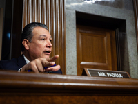 Sen. Alex Padilla (D-CA) questions CEOs of social media companies during a Senate Judiciary Committee hearing on online child sexual abuse a...