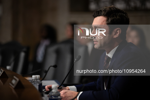 Sen. Jon Ossoff (D-GA) questions CEOs of social media companies during a Senate Judiciary Committee hearing on online child sexual abuse and...