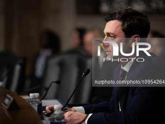 Sen. Jon Ossoff (D-GA) questions CEOs of social media companies during a Senate Judiciary Committee hearing on online child sexual abuse and...