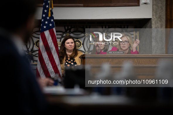 Sen. Marsha Blackburn (R-TN) questions CEOs of social media companies during a Senate Judiciary Committee hearing on online child sexual abu...