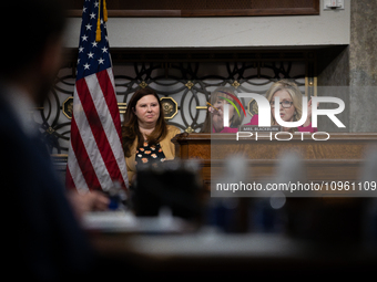 Sen. Marsha Blackburn (R-TN) questions CEOs of social media companies during a Senate Judiciary Committee hearing on online child sexual abu...