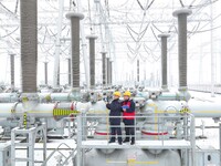 Power workers are carrying out a post-snow inspection of power supply equipment at a 500-kilovolt substation in Meizhuang village, Chuzhou c...