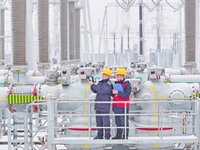 Power workers are carrying out a post-snow inspection of power supply equipment at a 500-kilovolt substation in Meizhuang village, Chuzhou c...