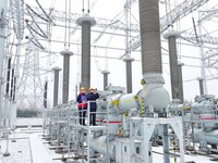 Power workers are carrying out a post-snow inspection of power supply equipment at a 500-kilovolt substation in Meizhuang village, Chuzhou c...