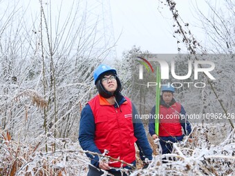 Electric workers are patrolling power supply lines after snow in Meizhou village, Chuzhou, China, on February 4, 2024. (