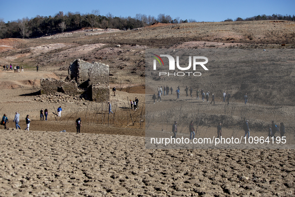 Hundreds of people are visiting the old town of Sant Roma de Sau, where normally the water of the Sau reservoir would almost completely cove...