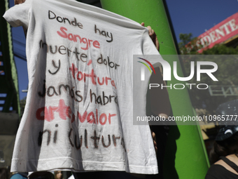 Members of various animal welfare and anti-speciesist groups are demonstrating outside the Plaza Mexico in Mexico City, rejecting the return...