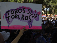 Members of various animal welfare and anti-speciesist groups are demonstrating outside the Plaza Mexico in Mexico City, rejecting the return...