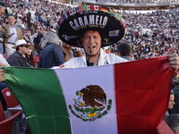 A person is wearing a sombrero and holding a Mexican flag inside the Plaza Mexico in Mexico City, as members of various animal rights, welfa...