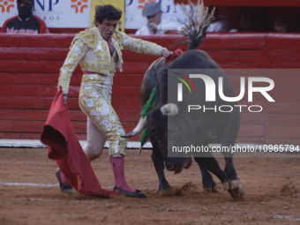 Isaac Fonseca, a bullfighter, is participating in a bullfight inside the Plaza Mexico in Mexico City, as members of various animal rights, w...