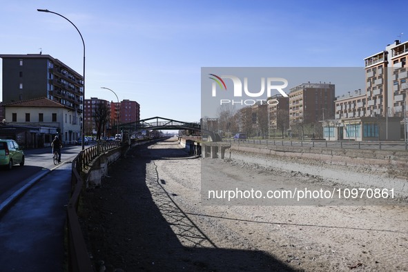 A general view shows the dryness and drought of the Navigli in Milan, Italy, on February 6, 2024. 