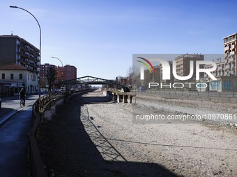 A general view shows the dryness and drought of the Navigli in Milan, Italy, on February 6, 2024. (