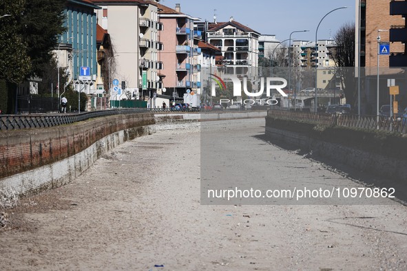 A general view shows the dryness and drought of the Navigli in Milan, Italy, on February 6, 2024. 