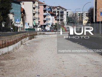 A general view shows the dryness and drought of the Navigli in Milan, Italy, on February 6, 2024. (