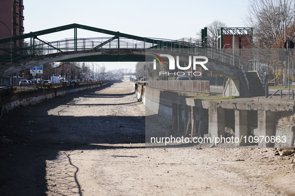 A general view shows the dryness and drought of the Navigli in Milan, Italy, on February 6, 2024. 