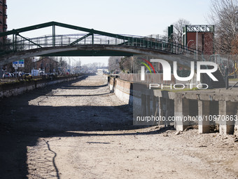 A general view shows the dryness and drought of the Navigli in Milan, Italy, on February 6, 2024. (