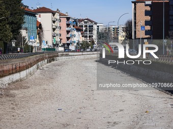 A general view shows the dryness and drought of the Navigli in Milan, Italy, on February 6, 2024. (