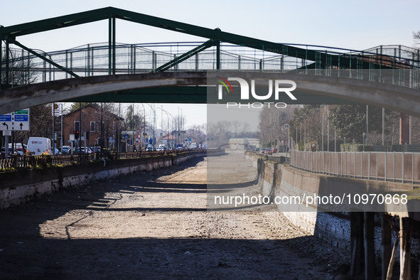 A general view shows the dryness and drought of the Navigli in Milan, Italy, on February 6, 2024. 