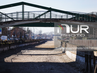 A general view shows the dryness and drought of the Navigli in Milan, Italy, on February 6, 2024. (