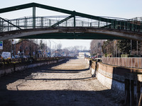 A general view shows the dryness and drought of the Navigli in Milan, Italy, on February 6, 2024. (