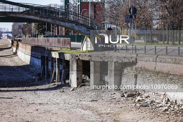 A general view shows the dryness and drought of the Navigli in Milan, Italy, on February 6, 2024. 