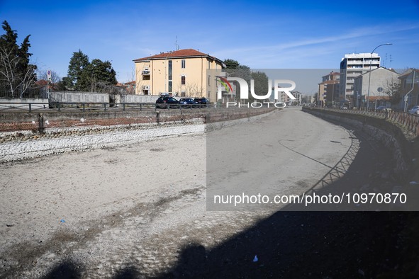 A general view shows the dryness and drought of the Navigli in Milan, Italy, on February 6, 2024. 