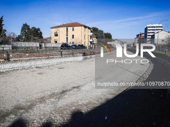 A general view shows the dryness and drought of the Navigli in Milan, Italy, on February 6, 2024. (