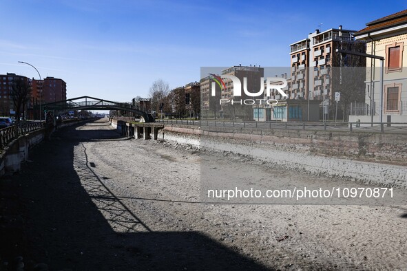 A general view shows the dryness and drought of the Navigli in Milan, Italy, on February 6, 2024. 